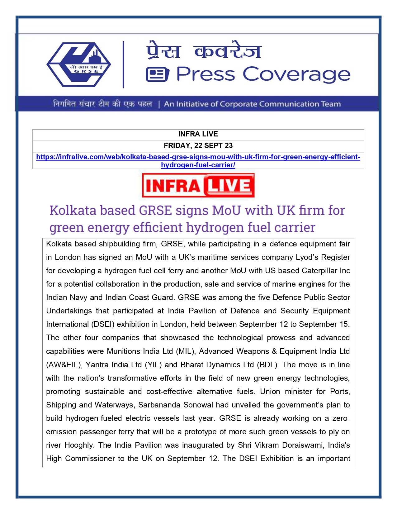 Press Coverage : Infra Live, 22 Sep 23 : Kolkata based GRSE signs MoU with UK firm for green energy efficient hydrogen fuel carriers